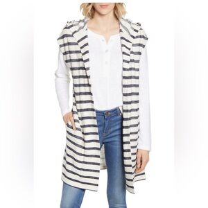 Lou & Grey Striped Short Sleeve Longline Hooded Knit Cardigan XXL Grey Cream NWT